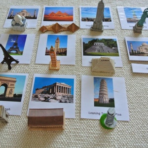 Montessori Around the World 3 Part Cards with Miniatures Educational Toy Home School Classroom