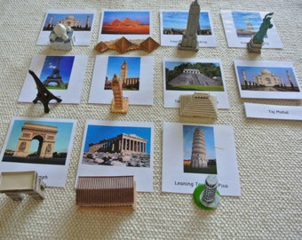 Montessori Around the World 3 Part Cards with Miniatures Educational Toy Home School Classroom