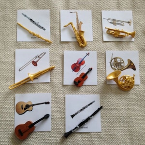 Montessori Musical Instrument Replica 5 Parts Cards Set with Miniatures Home School Classroom Nomenclature Flash Cards