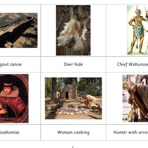 Montessori Powhatan Indian History and Matching 5 Part Cards Digital PDF Download Printable Homeschool Classroom Nomenclature Flash Cards