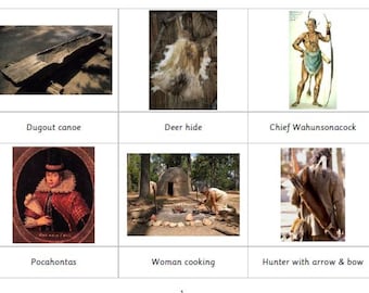 Montessori Powhatan Indianer Geschichte und passende 5 Teil Karten Digital PDF Download Printable Homeschool Klassenzimmer Nomenklatur Flash Cards