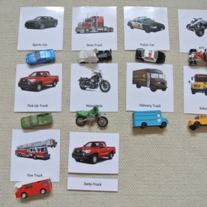 Tarjetas didácticas Montessori de nomenclatura de vehículos, automóviles y camiones de 3 piezas, miniaturas, figuras, educación en casa, aula, tarjetas educativas de aprendizaje.