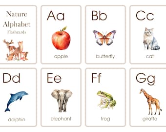 Natur Alphabet Karteikarten A-Z Aquarell Bilder Digitale PDF Download Druckbar Homeschool Klassenzimmer Kostenlose Alphabet Buchstaben Ablaufverfolgung