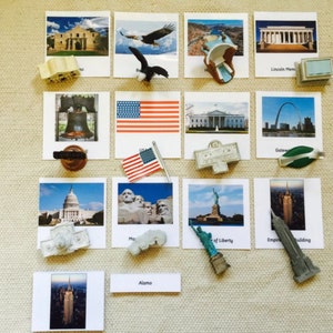 Montessori Monuments américains Histoire 5 pièces Nomenclature Cartes Flash Grandes répliques Maison École Salle de classe Cartes d'apprentissage éducatives Jouets