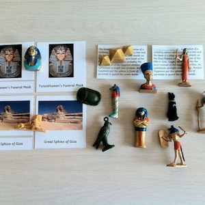 Montessori egípcio réplica histórica 5 partes conjunto de cartões com miniaturas casa escola sala de aula nomenclatura flash cards