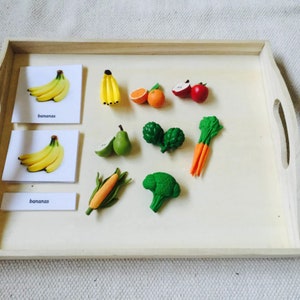 Montessori Common Fruits and Vegetables 3 Parts Cards with Miniatures Home School Classroom Nomenclature Flash Cards