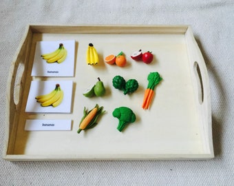 Montessori Common Fruits Vegetables 3 Parts Nomenclature Flash Cards Miniatures Figurines Home School Classroom Educational Learning Toys