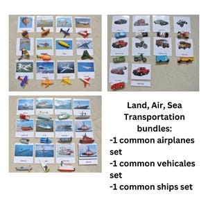 May include: A set of 36 flashcards featuring various modes of transportation, including airplanes, vehicles, and ships. The cards are divided into three categories: land, air, and sea. The text on the cards reads "Land, Air, Sea Transportation bundles: -1 common airplanes set -1 common vehicles set -1 common ships set".