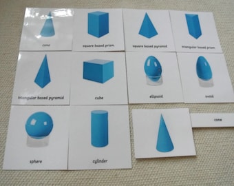 Schede Montessori sui solidi geometrici in 3 parti, schede didattiche con nomenclatura per la classe di homeschooling