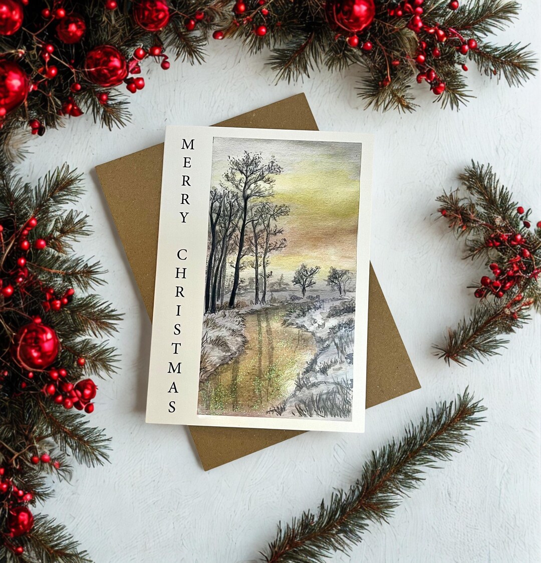 Winter Scene Christmas Card, Snow, Lakeside, Trees, Christmas Card ...
