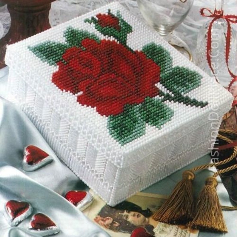 Red Rose Box Plastic Canvas Pattern Jewelry Holder Box with Etsy