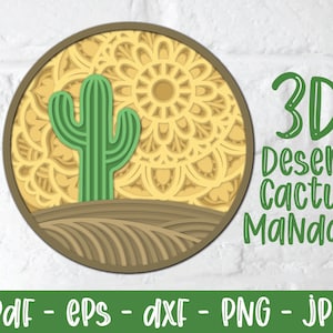 3D Woestijn cactus Mandala, Gelaagde Cactus, 3D Cactus, Cactus Mandala, Papercut Cactus, Desert Mandala, Shadowbox SVG, Cactus SVG, DXF, Png