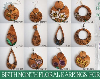 Paquete de pendientes láser, pendiente floral SVG, mes de nacimiento svg, flor del mes de nacimiento, pendiente cortado con láser, pendiente colgante SVG, pendiente de aro svg, PDF