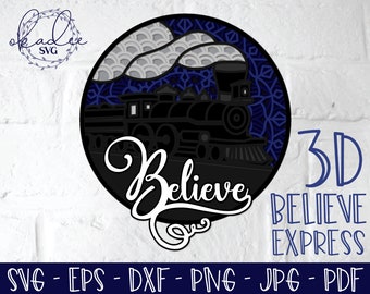 May include: A 3D papercraft design of a train with the word "Believe" in a stylized font. The train is black and the background is blue with a white cloud pattern. The text "3D Believe Express" is also included.