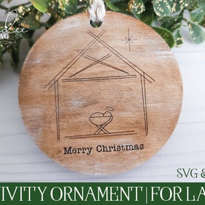 Kerstversiering SVG, Lasergesneden bestand, Glowforge-bestand, Laserornament, Laserstal, Jezus SVG, Laserge-gesneden stal, Glowforge-ornament, SVG