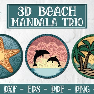 3D strand Mandala SVG, 3D Mandala SVG, gelaagde Mandala SVG, strand SVG, dolfijn Mandala SVG, dolfijn SVG, zeester Mandala, palmboom Mandala