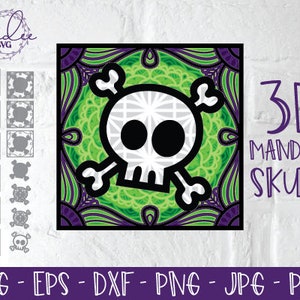 May include: A 3D mandala skull design with a green, purple, and white color scheme. The skull is surrounded by a mandala pattern.