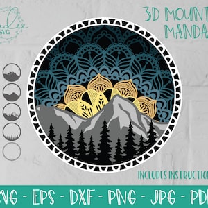 3D Mandala SVG, gelaagde berg SVG, boomsilhouet, papercut-bestand, gesneden bestand voor Cricut, gelaagde Mandala, camping SVG, berg SVG, laser