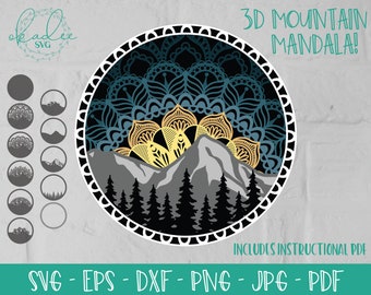 3D Mandala SVG, Layered Mountain SVG, Tree Silhouette, Papercut File, Cut File for Cricut, Layered Mandala, Camping SVG, Mountain Svg, Laser