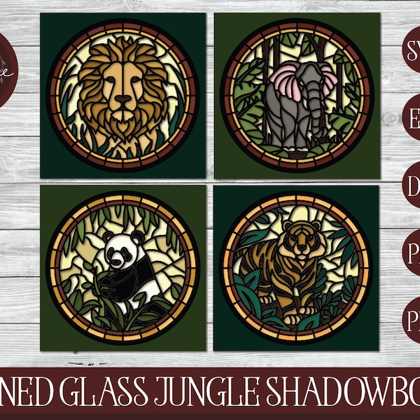 3D Stained Glass Jungle Shadowbox, Stained Glass Shadowbox, 3D Mandala, Lion Shadowbox, Elephant SVG, Stained Glass SVG, Jungle Svg, Cricut