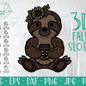3D Faultier Herbst, 3D Faultier SVG, 3D Faultier Mandala, 3D Faultier Mandala, Sonnenblume, Kaffee, Herbst, DXF, Schnittdatei