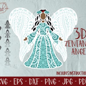 May include: A 3D papercraft angel with intricate white wings and a blue and white patterned dress. The angel has brown skin, black hair, and a red holly crown. The text "3D ZENTANGLE ANGEL" is written in red letters on a light blue background. The text "INCLUDES INSTRUCTIONAL PDF" is written in red letters on a white background. The text "SVG - EPS - DXF - PNG - JPG - PDF" is written in red letters on a white background.