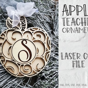 Lehrer Ornament Laser Cut Datei, Glowforge SVG, Apfel SVG, Weihnachtsgeschenk für Lehrer, Lehrer Geschenk, Weihnachtsornament Laser, DXF, Pdf