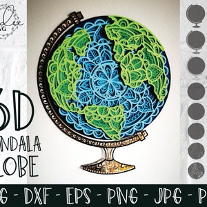 3D Mandala Globe, gelaagde Mandala SVG, aarde SVG, Globe SVG, Papercut Mandala, Globe gesneden bestand, Cricut, silhouet, Dxf, Eps