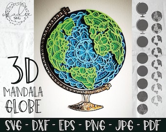 3D Mandala Globe, Layered Mandala SVG, Earth SVG, Globe SVG, Papercut Mandala, Globe Cut File, Cricut, Silhouette, Dxf, Eps