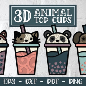 3D Animal Top Cups, 3D Tea SVG, 3D SVG, Mandala 3D, SVG en couches, Tea Svg, Papercut Svg, Bubble Tea Svg, Boba Tea Svg, 3D Animal Svg, Cat Svg