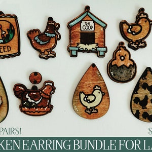 Boucle d’oreille de poulet SVG, Boucle d’oreille découpée au laser, Boucle d’oreille Glowforge, Glowforge SVG, Fichier Glowforge, Paquet de boucles d’oreilles, Laser de poulet svg, Laser de ferme Svg