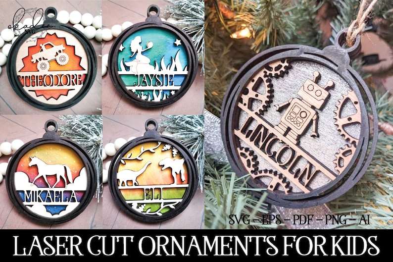 May include: Set of five laser cut wooden ornaments featuring various designs for children. The ornaments are round and have a black outer ring. The designs include a monster truck, a fairy, a robot, a unicorn, and a dinosaur. Each ornament has a personalized name on it.