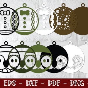 May include: Set of 10 Christmas ornament SVG cut files. The ornaments feature a variety of designs, including a penguin, a bow tie, and a snowflake. The files are available in black, white, and green.