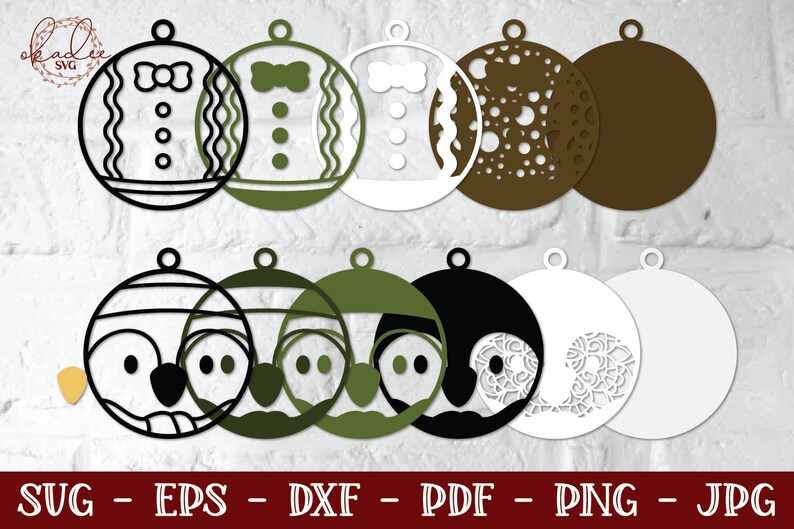 May include: Set of 10 Christmas ornament SVG cut files. The ornaments feature a variety of designs, including a penguin, a bow tie, and a snowflake. The files are available in black, white, and green.