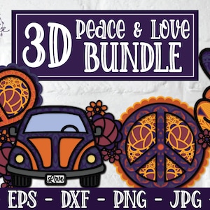 3D vrede en liefde Mandala bundel, 3D Mandala SVG, 3D Love Bug, gelaagde Mandala SVG, papercut, hippie SVG, vredessymbool, liefde vrede SVG, DXF