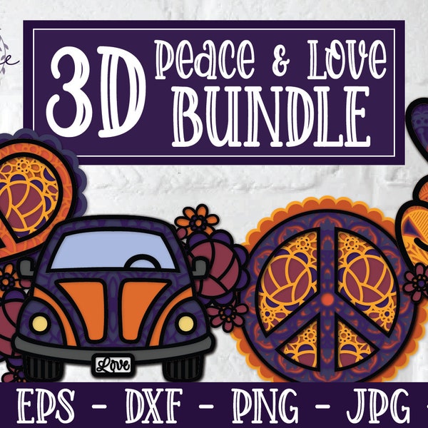 3D Peace and Love Mandala Bundle, 3D Mandala SVG, 3D Love Bug, Layered Mandala SVG, Papercut, Hippie SVG, Peace Symbol, Love Peace Svg, dxf