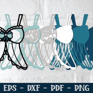 May include: A digital cut file design of a bra with a bow, in black and white, with multiple layers in shades of blue and gray.  The design is labeled "SVG - EPS - DXF - PDF - PNG - JPG".