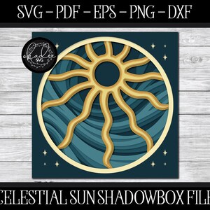 Puede incluir: Un diseño de caja de sombras de temática celestial con un sol dorado con rayos ondulados, sobre un fondo en capas de color verde azulado y azul. El diseño es circular, con un marco cuadrado azul oscuro y pequeños acentos de estrellas. El texto en la parte superior dice "SVG-PDF-EPS-PNG-DXF".