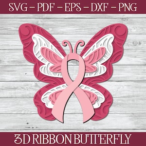 3D がん SVG、ペーパーカット がんリボン、3D 蝶 SVG、がんペーパーカット SVG、乳がん SVG、シャドーボックス SVG、啓発リボン、蝶