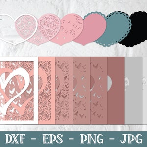 Pu&ograve; includere: Un download digitale di un design a cuore a strati per l'artigianato. Il design include una cornice quadrata con un cuore all'interno, un cuore con un motivo a pizzo e un cuore pieno. Il design &egrave; disponibile nei formati SVG, DXF, EPS, PNG, JPG e PDF.
