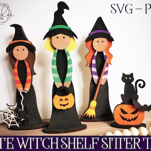レーザーカット SVG、ハロウィン レーザー SVG、Glowforge カット ファイル、レーザーカット ファイル、かわいい魔女 SVG、魔女の棚のシッター、ハロウィン ペイント キット、Piy SVG