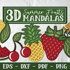 May include: A colorful illustration of 3D summer fruit mandalas, including a watermelon, lemon, pineapple, strawberry, cherry, and orange slice. The image includes the text "3D Summer Fruits MANDALAS" and file type options: SVG, EPS, DXF, PDF, PNG, and JPG.
