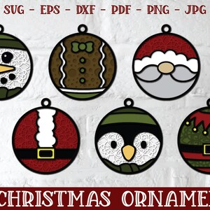 May include: Six 3D Christmas ornament designs. The ornaments are round and feature a variety of characters, including a snowman, a gingerbread man, Santa Claus, a penguin, and an elf. The ornaments are all decorated with intricate details and are perfect for adding a festive touch to your holiday decor.