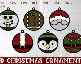 May include: Six 3D Christmas ornament designs. The ornaments are round and feature a variety of characters, including a snowman, a gingerbread man, Santa Claus, a penguin, and an elf. The ornaments are all decorated with intricate details and are perfect for adding a festive touch to your holiday decor.
