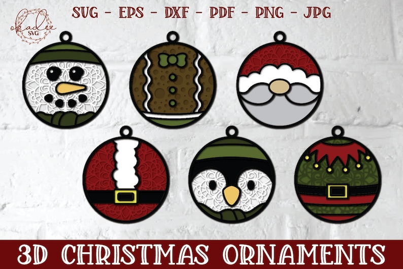 May include: Six 3D Christmas ornament designs. The ornaments are round and feature a variety of characters, including a snowman, a gingerbread man, Santa Claus, a penguin, and an elf. The ornaments are all decorated with intricate details and are perfect for adding a festive touch to your holiday decor.