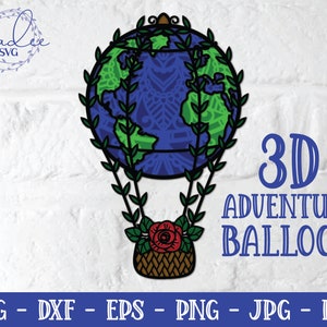 3D Adventure Balloon SVG, 3D Mandala, Layered Mandala, Travel Papercut SVG, Globe SVG, Air Balloon Svg, Nursery Decor, Traveler Gift, Dxf