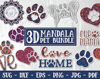 3D Mandala Pet Bundle, 3D Paw Print SVG, 3D Dog SVG, 3D Cat SVG, Layered Pet Cut File, Pet Papercut File, Cricut File, Silhouette File, Dxf