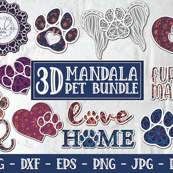 3D Mandala Pet Bundle, 3D Paw Print SVG, 3D Dog SVG, 3D Cat SVG, Layered Pet Cut File, Pet Papercut File, Cricut File, Silhouette File, Dxf