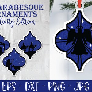 May include: Set of five 3D laser cut ornaments featuring a blue and white arabesque design with a nativity theme. The ornaments depict the three wise men, a manger scene, an angel, and a star.