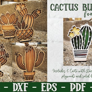 File taglio laser, cactus, cactus stratificato, glowforge, succulento, cactus decoro, cactus con supporto, pacchetto laser, decoro succulento, vassoio a più livelli